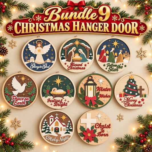 Christmas Door Hanger Bundle Laser Cut File, 9 Round Wooden Holiday Signs, Nativity Santa Snowman Wall Decor, Digital Download