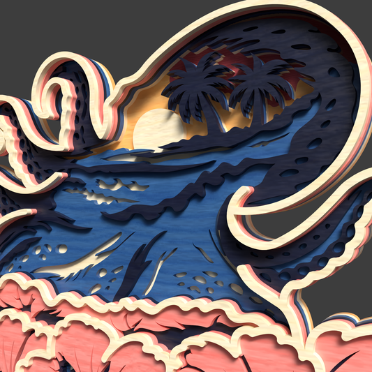 Layered Octopus SVG | Tropical Ocean Octopus Laser Cut SVG | 3D Sea Life Wooden Decor | Hibiscus Coastal Wall Art SVG | Glowforge xTool CNC SVG File