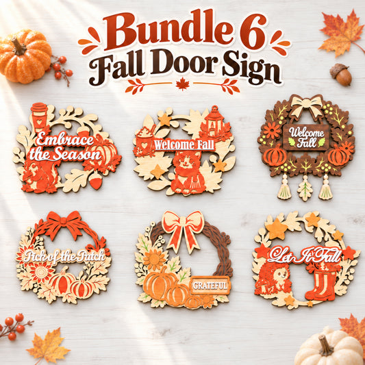 Fall Door Sign Laser Cut Bundle, 6 Autumn Wreath Pumpkin Welcome Fall Wooden Decor Digital Designs