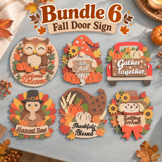 Fall Door Sign Bundle 6, Autumn Scarecrow Gnome Owl Turkey Pumpkin Truck Laser Cut Decor, Thanksgiving Digital Download