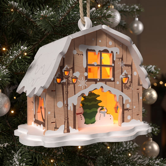 3D Christmas Cabin Hanging Ornament Snowman Winter Tree Light Box Universal Vector Design for All Laser Cutters xTool Glowforge CNC