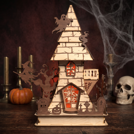 3D Halloween Haunted House Stand Ornament Spooky Bat Zombie Castle Laser Cut Vector Design for Glowforge Table Decor