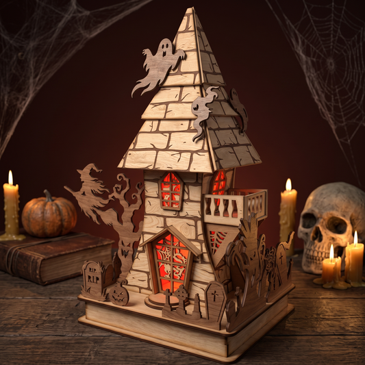 3D Halloween Haunted House Stand Ornament Spooky Bat Zombie Castle Laser Cut Vector Design for Glowforge Table Decor