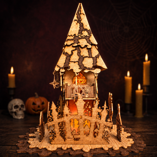 3D Halloween Haunted Tower Light Box Spooky Graveyard Castle Laser Cut Vector Design for Glowforge Table Decor