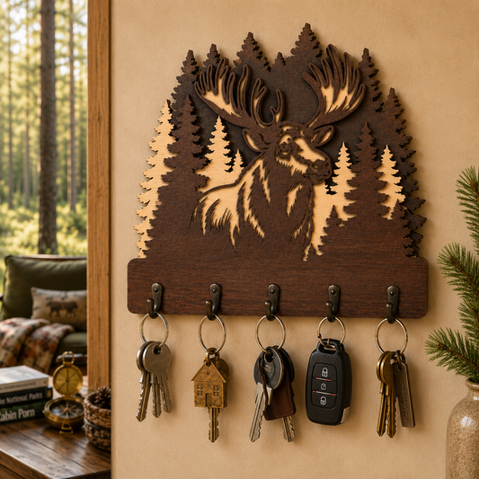SVG DXF File Multilayer Moose Forest Key Holder Laser Cut 3D Cabin Wall Art Design for Glowforge | CUTSVG.COM