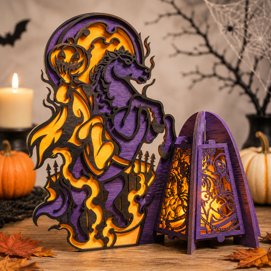 3D Halloween Layered Witch Cat Stand and Lantern Spooky Pumpkin Bundle Laser Cut Vector Design for Glowforge Table Decor