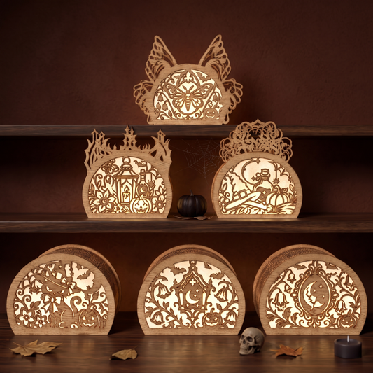 3D Halloween Semi Circle Lantern Tea Light Holder Witch Cat Pumpkin Moth Bundle Laser Cut Vector Design for Glowforge Table Decor