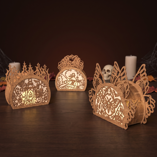 3D Halloween Semi Circle Lantern Tea Light Holder Witch Cat Pumpkin Moth Bundle Laser Cut Vector Design for Glowforge Table Decor