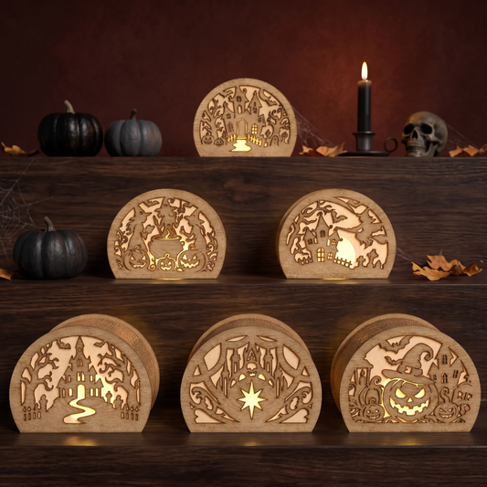 3D Halloween Semi Circle Lantern Tea Light Holder Witch Pumpkin Haunted House Bundle Laser Cut Vector Design for Glowforge Table Decor