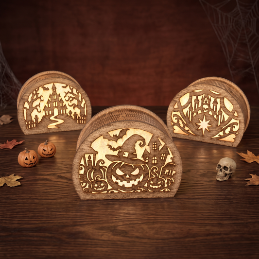 3D Halloween Semi Circle Lantern Tea Light Holder Witch Pumpkin Haunted House Bundle Laser Cut Vector Design for Glowforge Table Decor