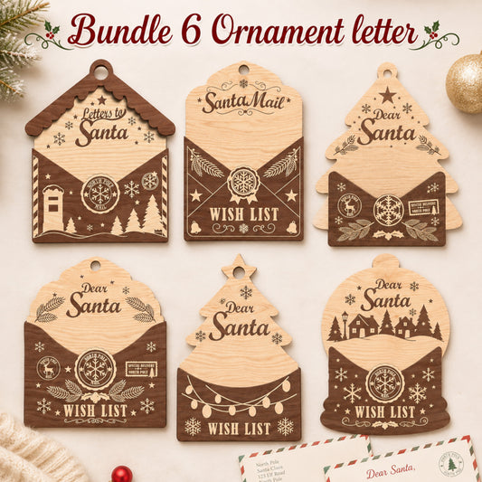 Letter to Santa Ornament Laser Cut Bundle, 6 Christmas Wish List Holder Wooden Digital Designs