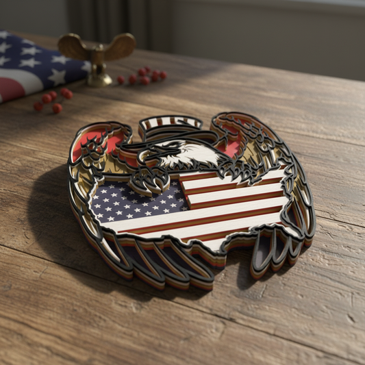 Patriotic Eagle USA Flag SVG | Layered American Eagle Wood Art Laser Cut File | Fourth of July, Veteran & Patriotic Decor for Glowforge, xTool & CNC
