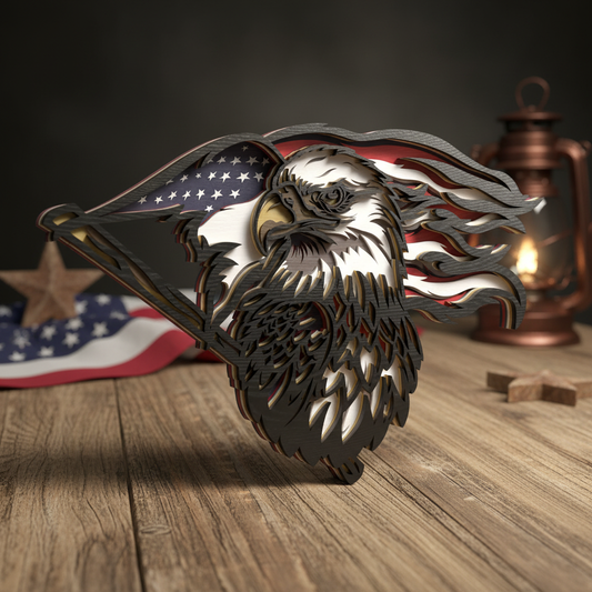 Patriotic Bald Eagle Flag SVG | Layered American Eagle Wood Art Laser Cut File | USA Independence Day, Veteran & Patriotic Decor for Glowforge, xTool & CNC