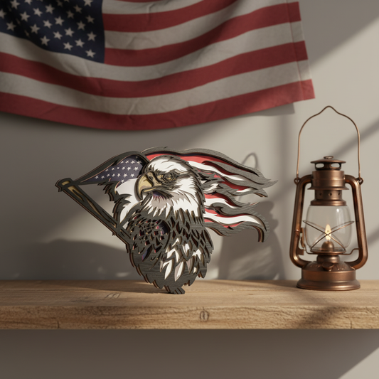 Patriotic Bald Eagle Flag SVG | Layered American Eagle Wood Art Laser Cut File | USA Independence Day, Veteran & Patriotic Decor for Glowforge, xTool & CNC