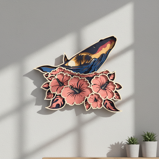 Layered Whale SVG | Ocean Sunset Whale Laser Cut SVG | 3D Whale Wall Art SVG | Tropical Sea Life Wooden Decor | Glowforge xTool CNC SVG File