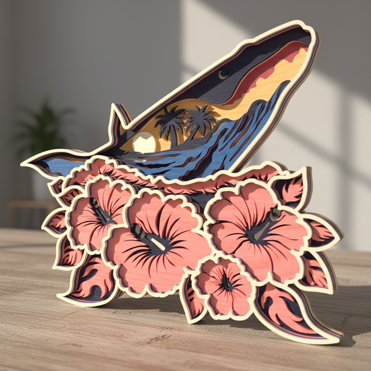 Layered Whale SVG | Ocean Sunset Whale Laser Cut SVG | 3D Whale Wall Art SVG | Tropical Sea Life Wooden Decor | Glowforge xTool CNC SVG File