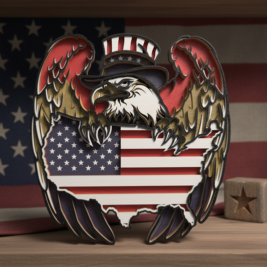 Patriotic Eagle USA Flag SVG | Layered American Eagle Wood Art Laser Cut File | Fourth of July, Veteran & Patriotic Decor for Glowforge, xTool & CNC