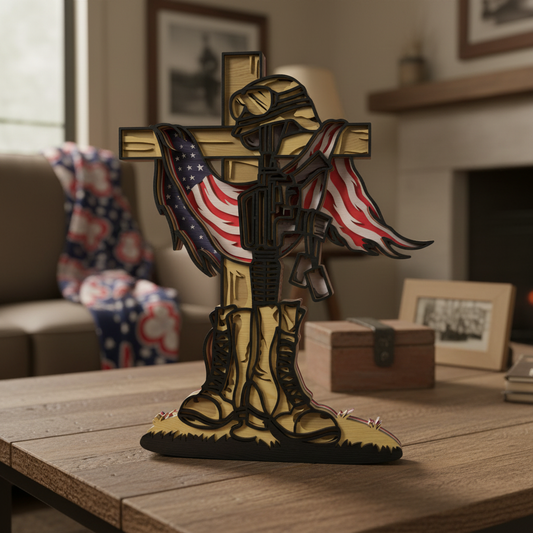 Fallen Soldier Memorial Cross SVG | Military Tribute Layered Wood Art Laser Cut File | Patriotic Veteran Memorial Decor for Glowforge, xTool & CNC
