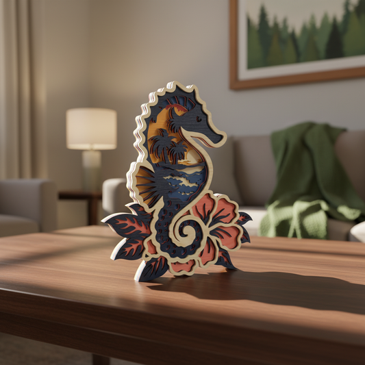 Seahorse Tropical Sunset SVG | Layered Coastal Beach Wood Art Laser Cut File | Ocean Life Decor for Glowforge, xTool & CNC