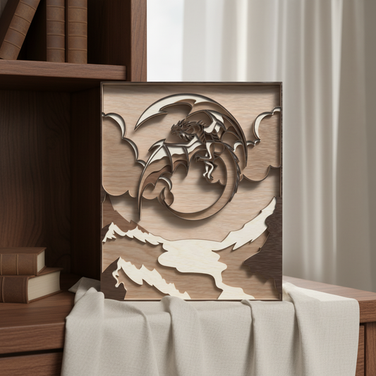 Dragon Mountain Landscape SVG | Fantasy Dragon Layered Wall Art SVG | Dragon Scene Laser Cut File | 3D Wooden Dragon Decor for Glowforge, xTool & CNC