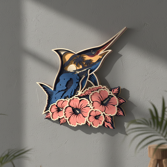 Layered Manta Ray SVG | Tropical Ocean Manta Ray Laser Cut SVG | 3D Sea Life Wooden Decor | Hibiscus Coastal Wall Art SVG | Glowforge xTool CNC SVG File