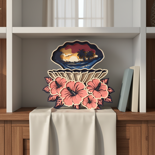 Seashell Beach SVG | Layered Tropical Seashell Laser Cut File | Hibiscus Coastal Wall Art SVG | Ocean Sunset Decor for Glowforge, xTool & CNC