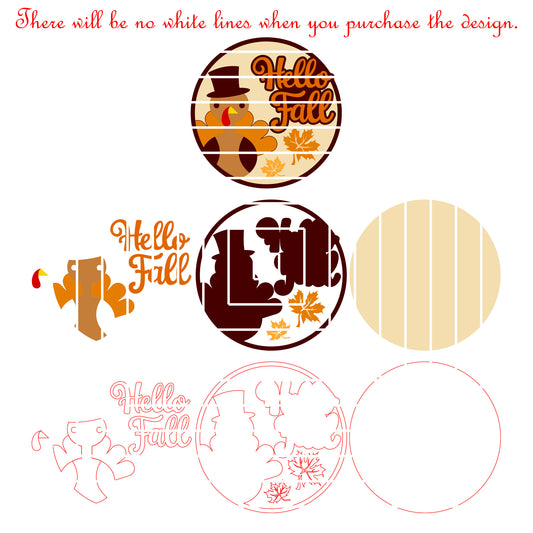 Hello Fall Turkey Round Sign Laser Cut File SVG DXF | Thanksgiving Autumn Door Decor Wood Template | Glowforge LightBurn Digital Download