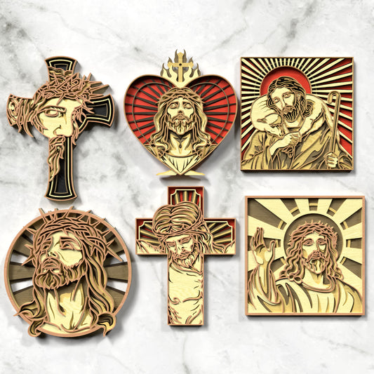 Jesus Religious Wall Art Bundle Laser Cut Files SVG DXF | Christian Cross Sacred Heart Good Shepherd Wood Templates | Glowforge LightBurn Digital Download