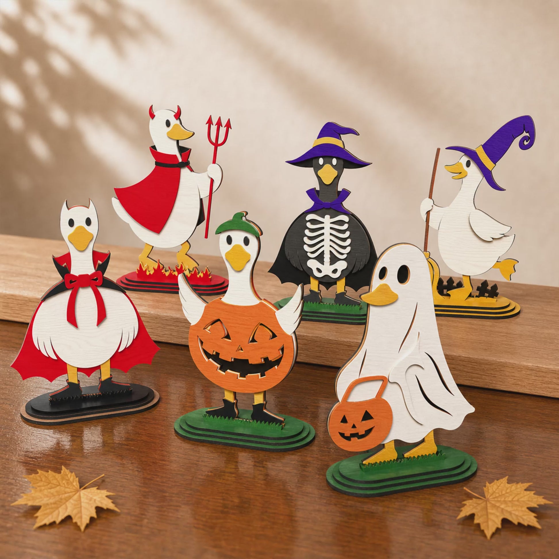 3D Halloween Layered Duck Stand Ornament Cute Ghost Witch Vampire Bundle Laser Cut Vector Design for Glowforge Table Decor