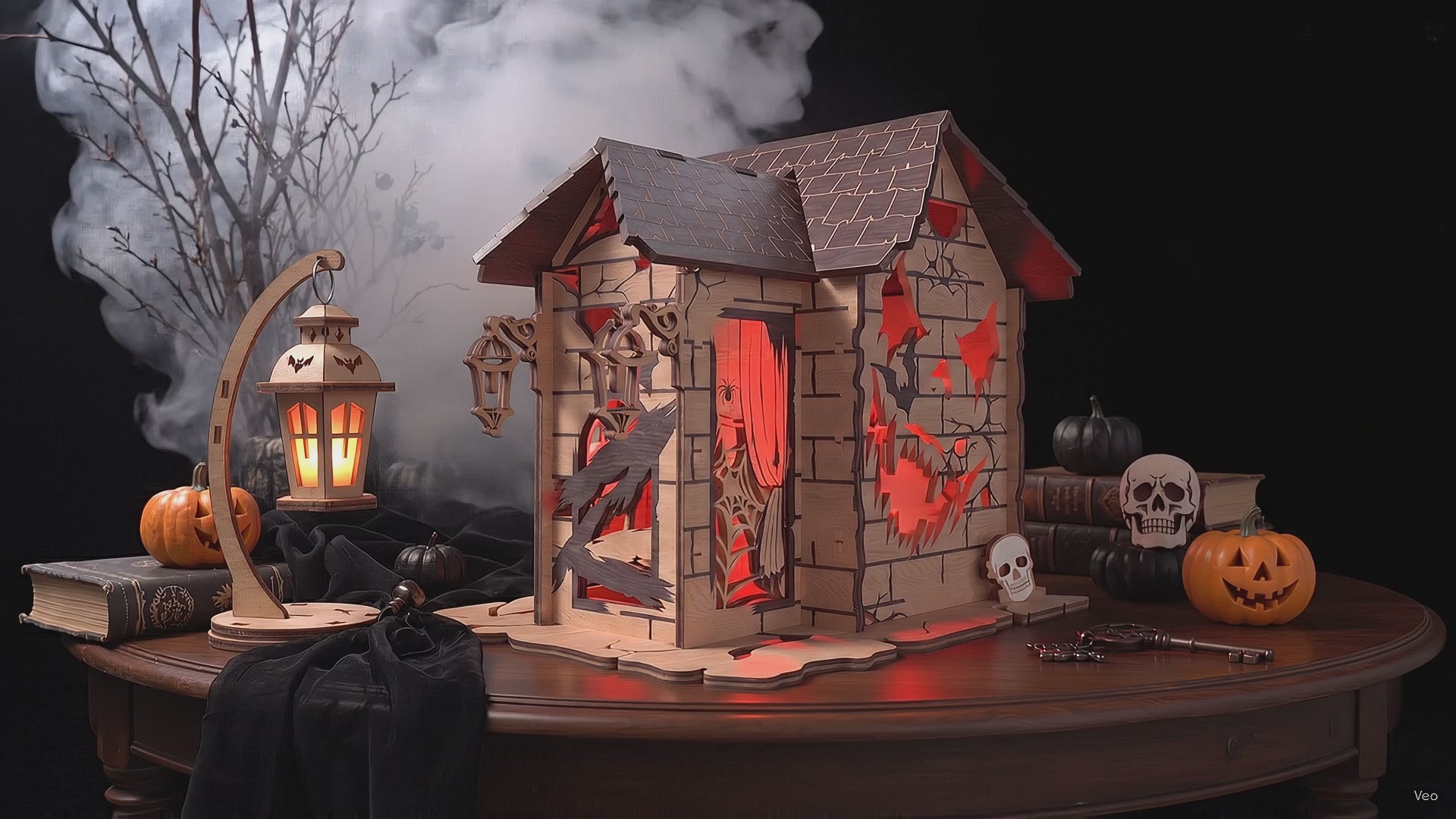 3D Halloween Haunted Cabin Light Box Spooky Shingle Roof Castle Laser Cut Vector Design for Glowforge Table Decor