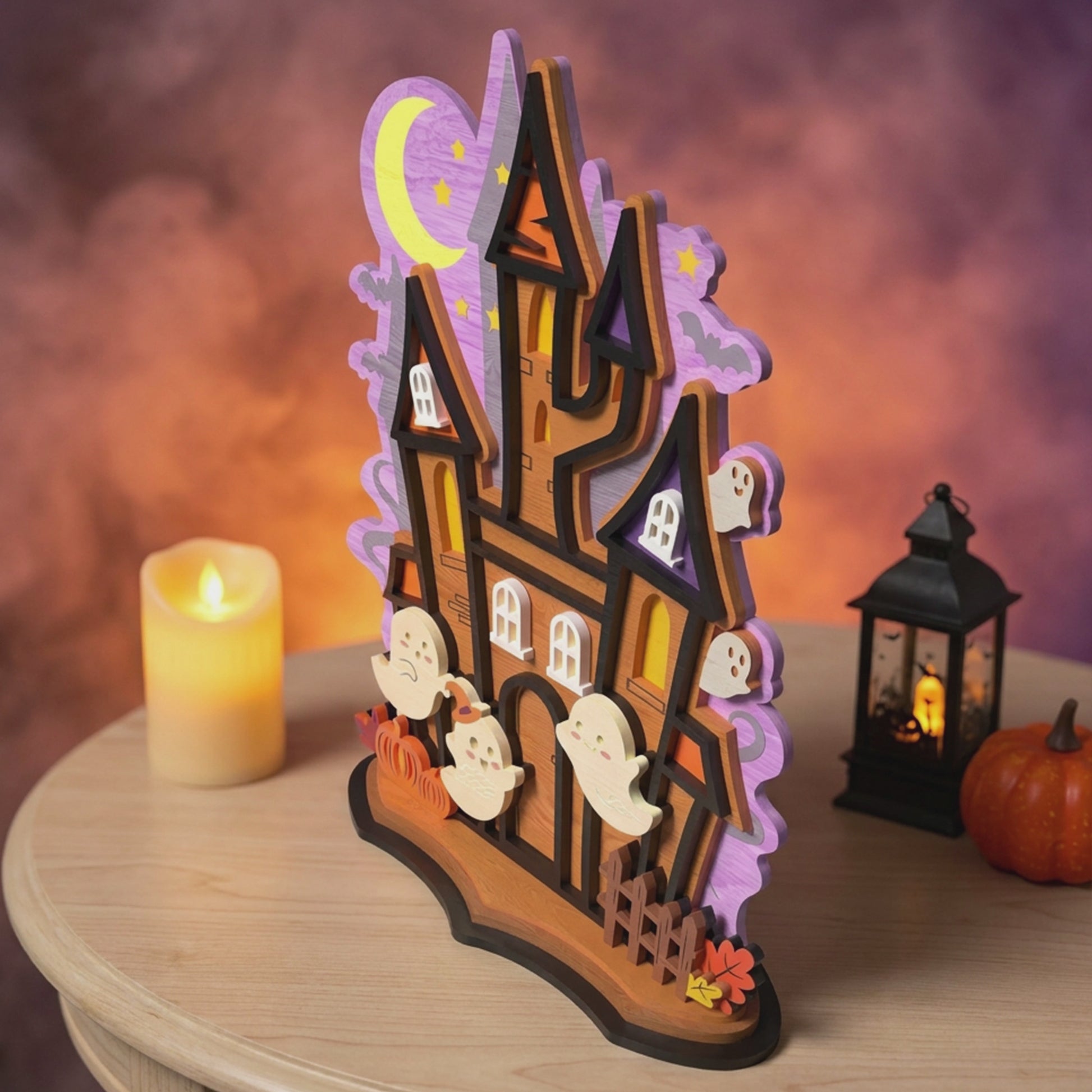 3D Halloween Haunted House Stand Ornament Spooky Ghost Moon Castle Universal Vector Design for All Laser Cutters xTool Glowforge CNC