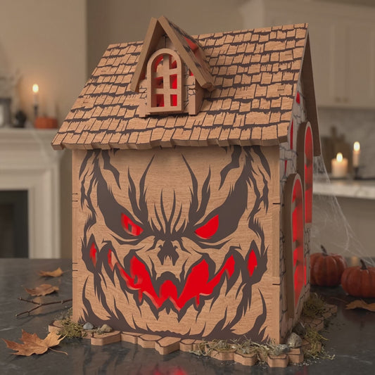 3D Halloween Haunted Cabin Light Box Spooky Demon Monster Face House Universal Vector Design for All Laser Cutters xTool Glowforge CNC