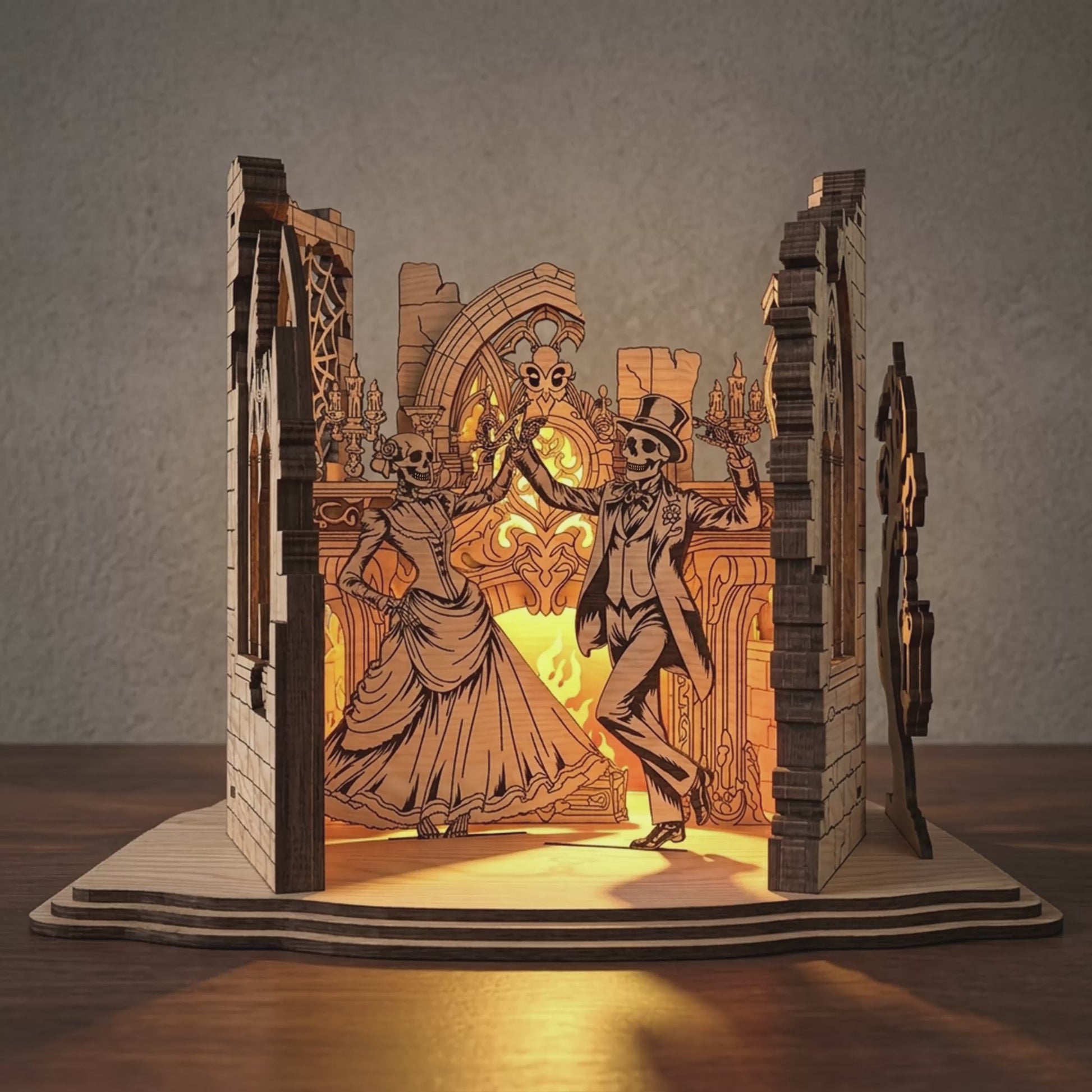 3D Halloween Skeleton Dancing Couple Light Box Gothic Ruins Lantern Laser Cut Vector Design for Glowforge Table Decor