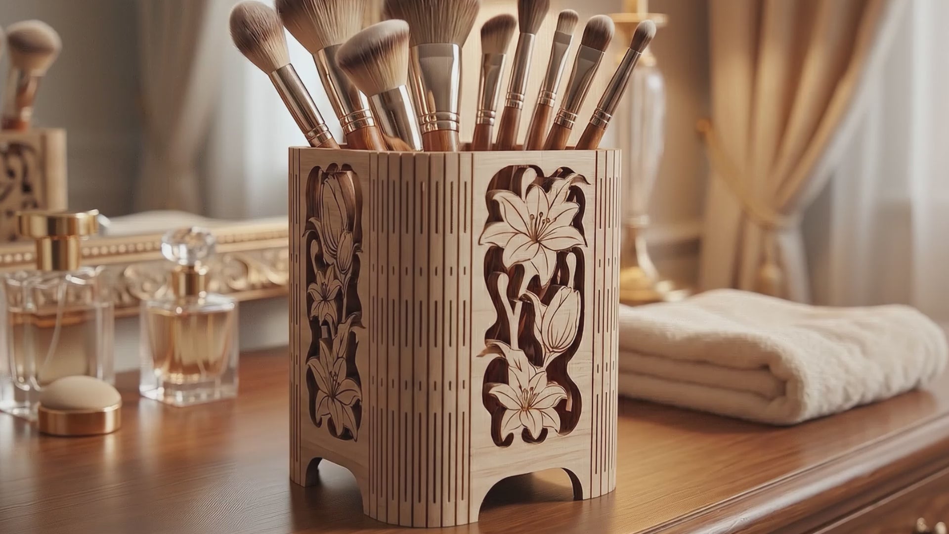 Floral Wooden Pen Holder SVG | Lily Flower Desk Organizer Laser Cut File | Decorative Pencil Holder SVG | Office Desk Storage Box | Glowforge xTool CNC SVG