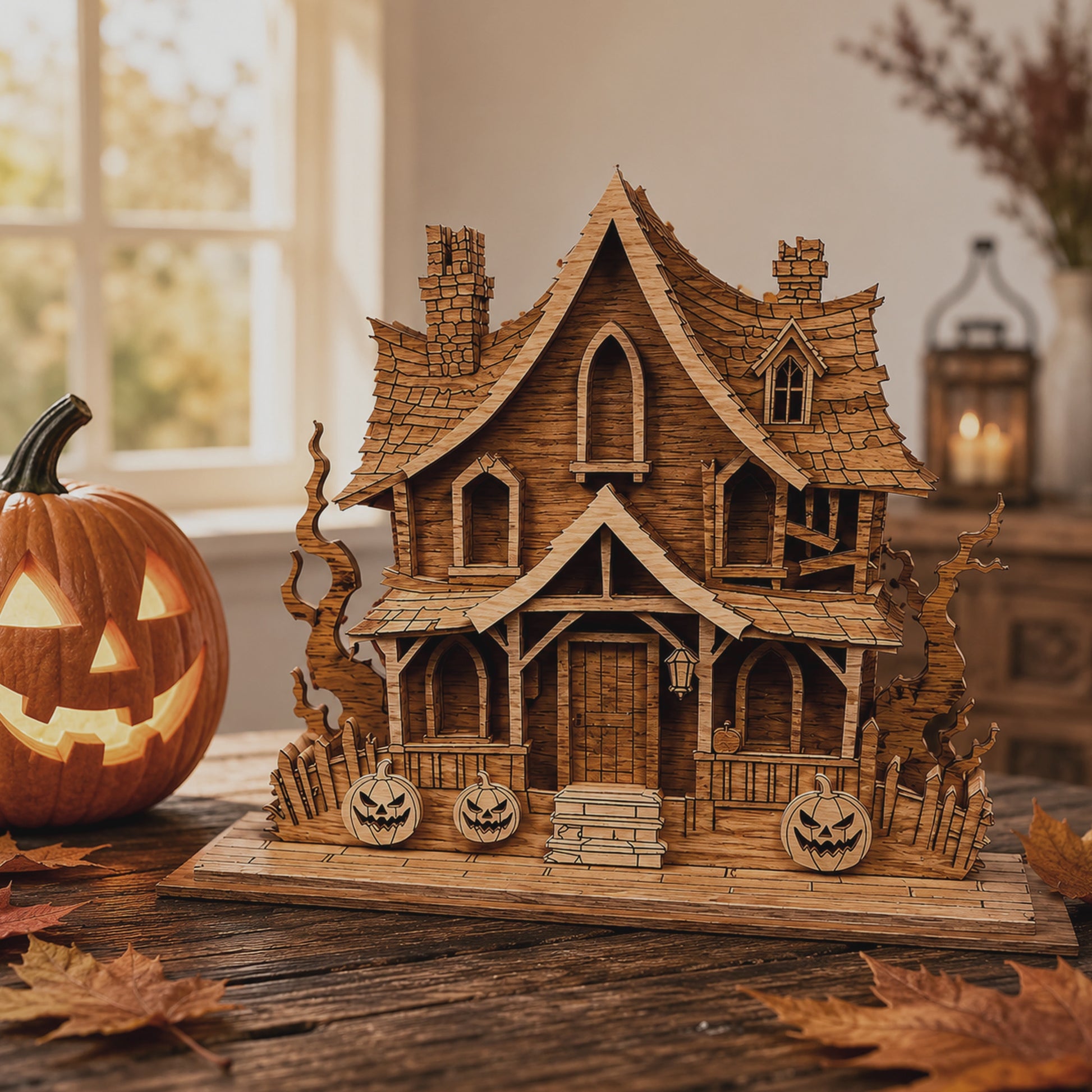 3D Halloween Haunted Cabin Diorama Light Box Shingle Roof House Universal Vector Design for All Laser Cutters xTool Glowforge CNC