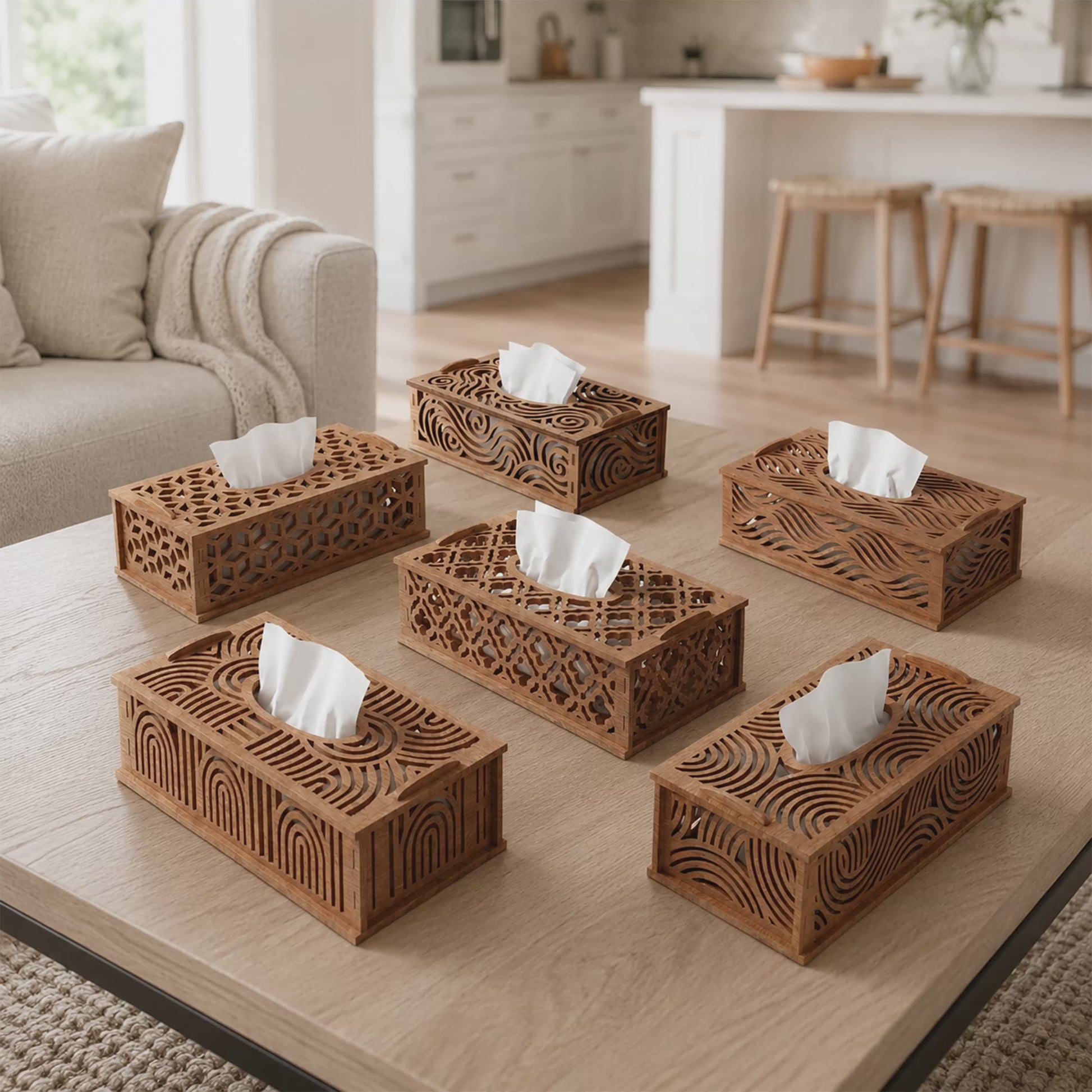 Abstract Wave and Arch Tissue Box Cover Bundle Laser Cut Wood Holder Design for Glowforge Table Decor
