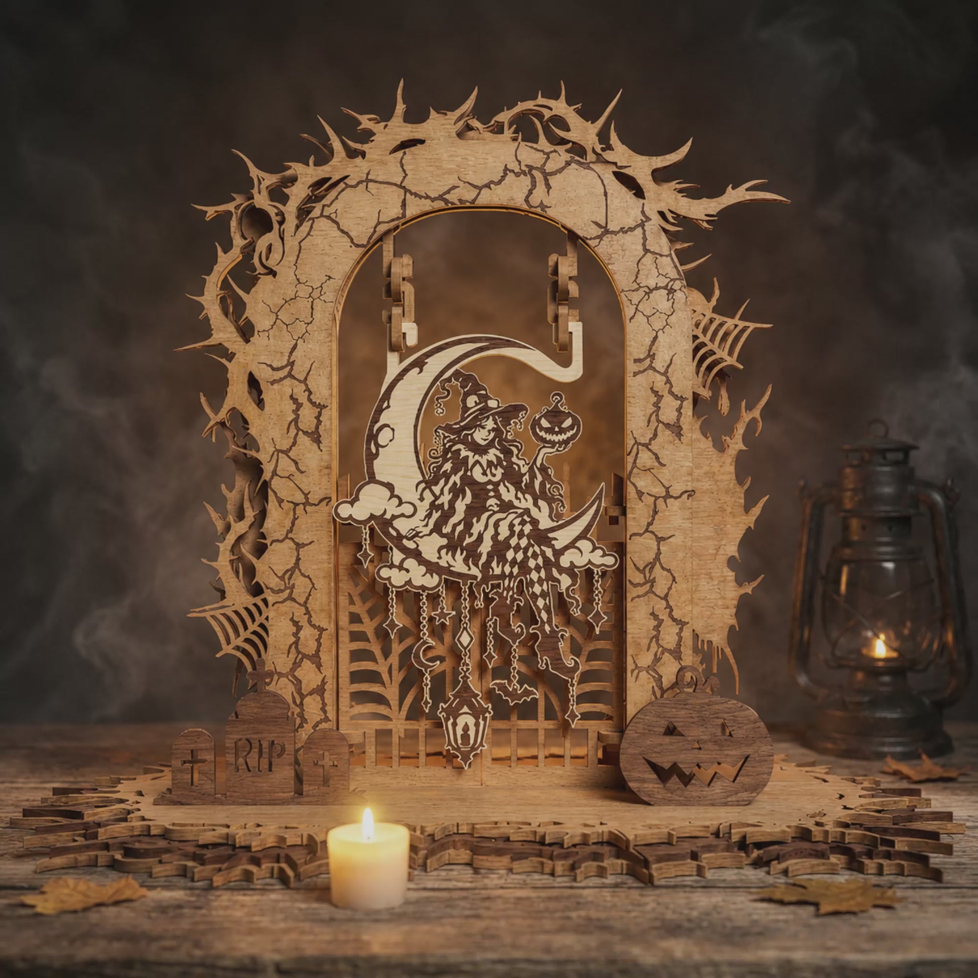 3D Halloween Witch Moon Hanging Gate Light Box Spooky Gate Universal Vector Design for All Laser Cutters xTool Glowforge CNC Table Decor