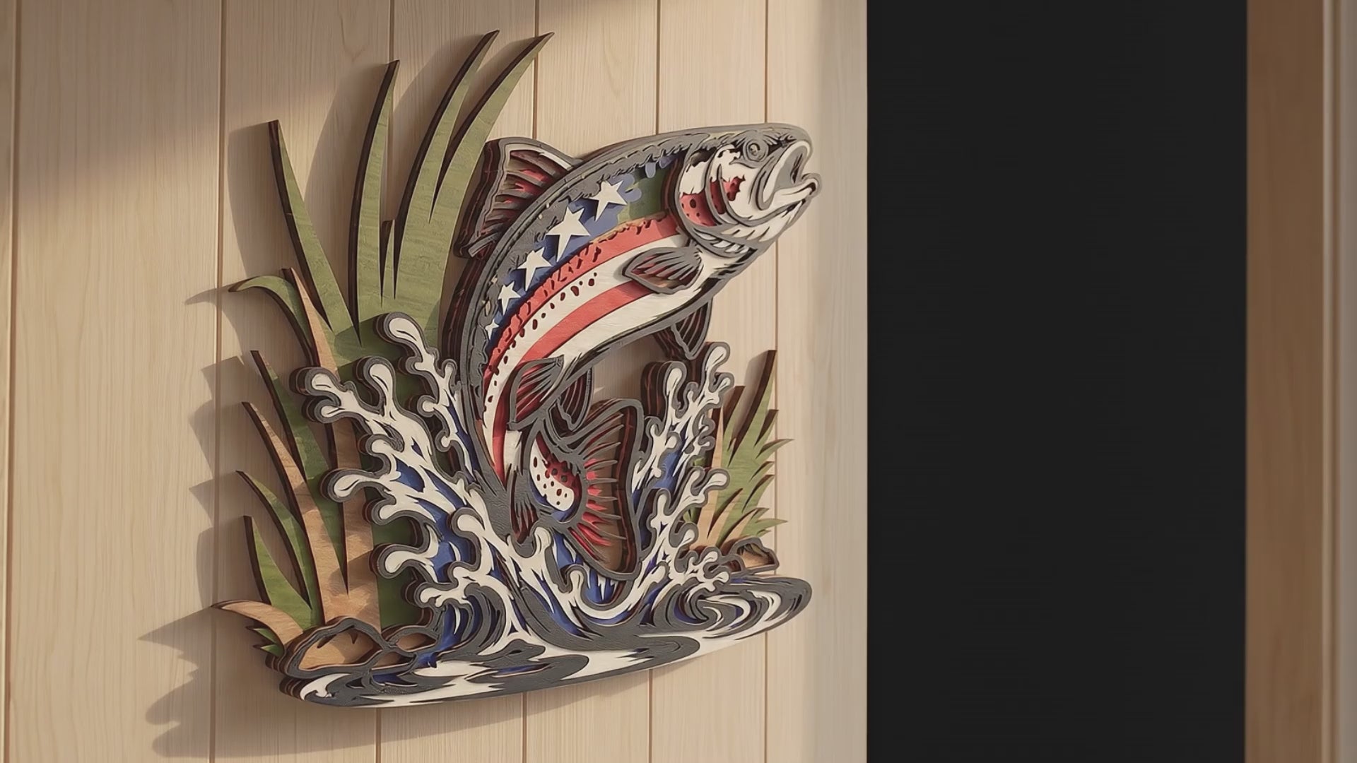 Patriotic Jumping Fish SVG | American Flag Fishing Laser Cut File | Layered Bass Wall Art | Fisherman Gift Digital Download