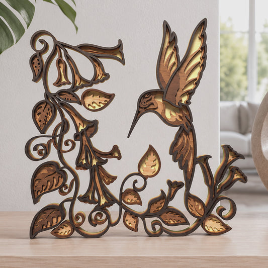 Multilayer Hummingbird Floral Laser Cut 3D Bird Garden Vector Design for All Laser Cutters xTool Glowforge CNC Table Decor