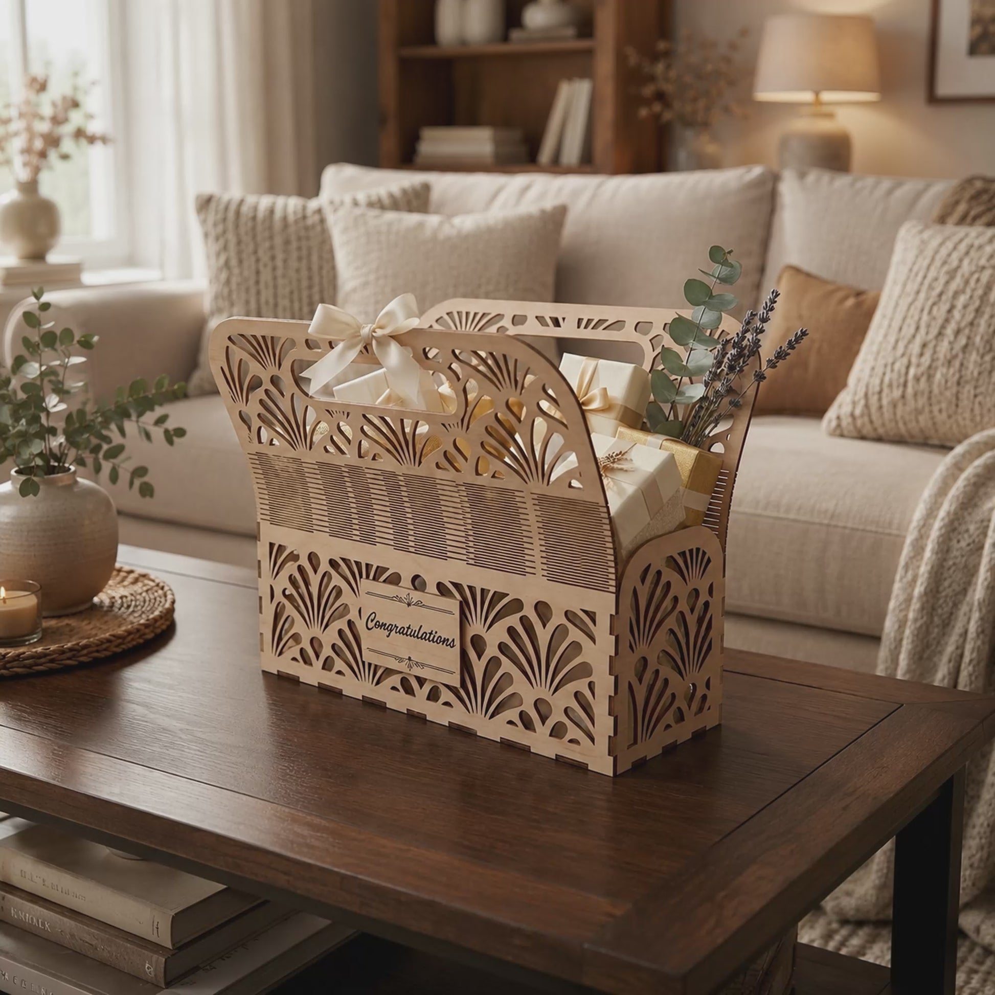 3D Wooden Gift Basket Living Hinge Tote Box Bundle Laser Cut Vector Design for Glowforge Table Decor