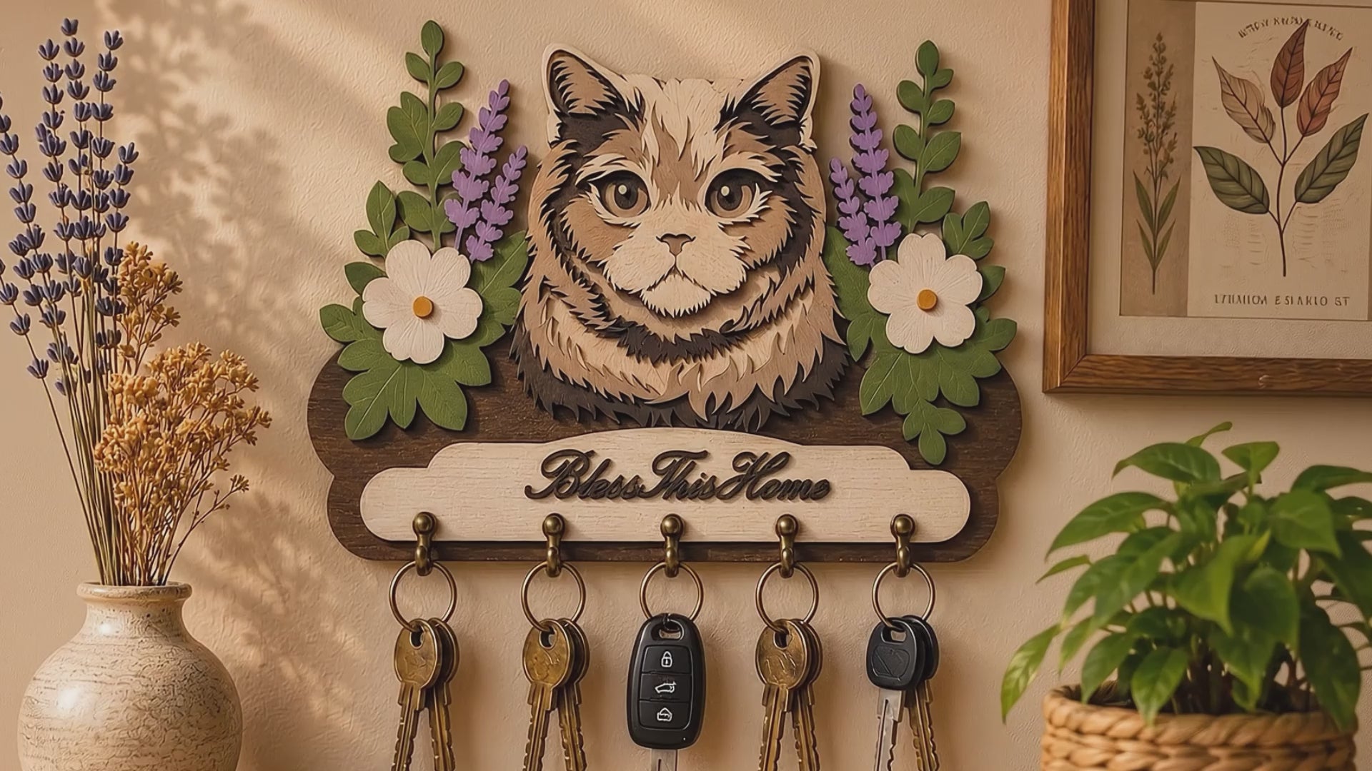 Multilayer Fluffy Cat Key Holder Bless This Home Sign Floral Universal Vector Design for All Laser Cutters xTool Glowforge CNC