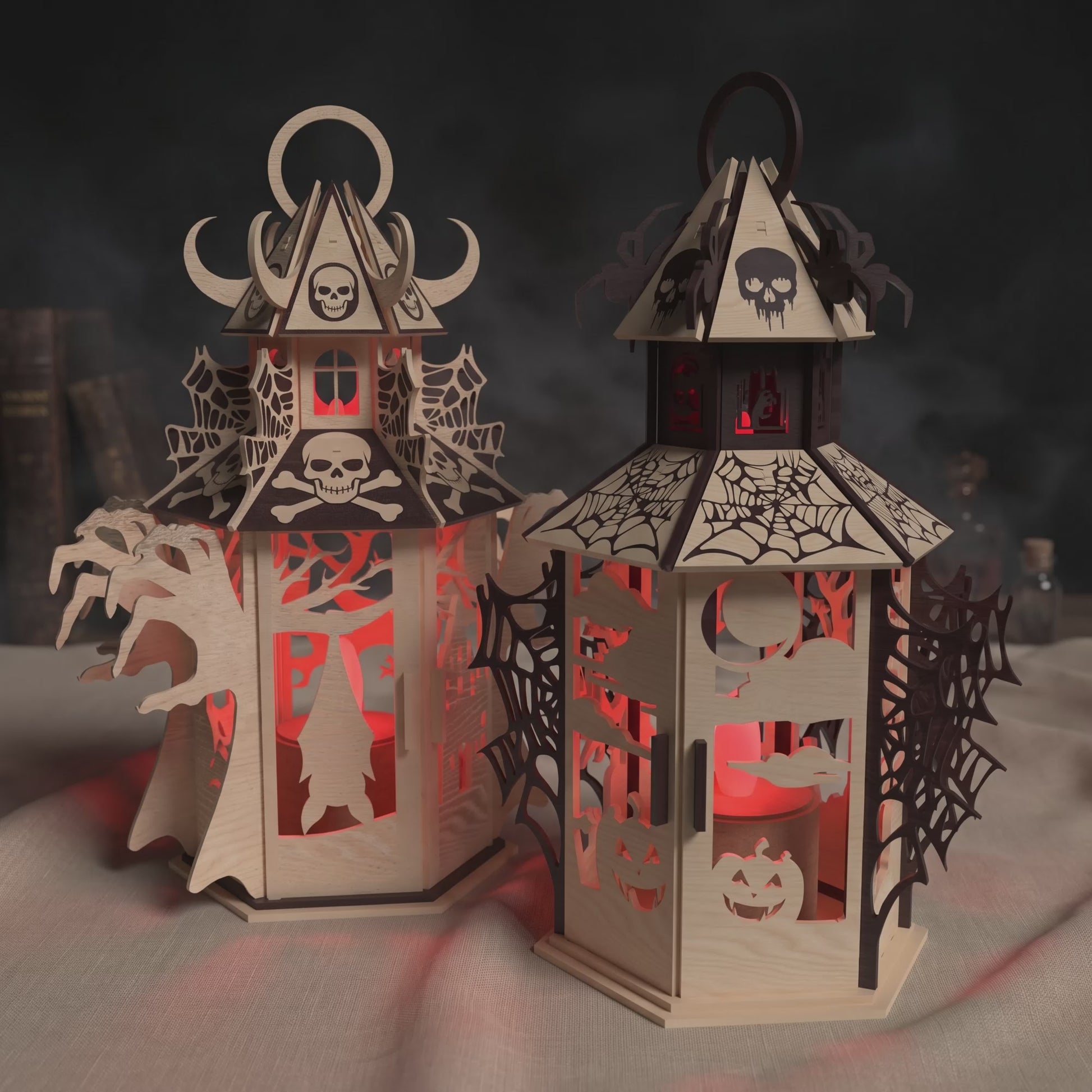 3D Halloween Hanging Lantern Bundle Spooky Haunted House Skull Pumpkin Laser Cut Vector Design for Glowforge Table Decor