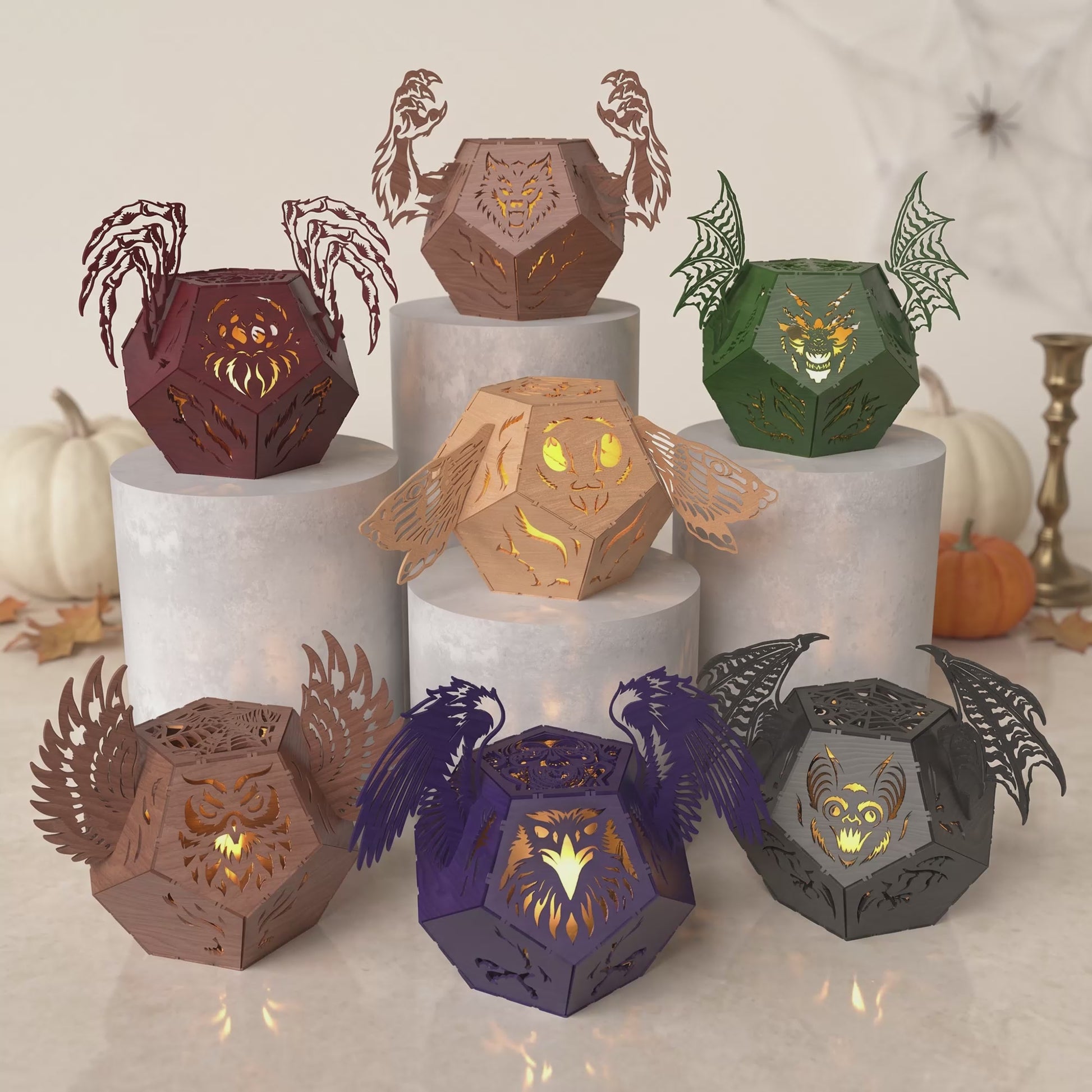 3D Geometric Halloween Monsters Lantern Tea Light Holder Cute Bat Dragon Owl Wolf Bundle Laser Cut Vector Design for Glowforge Table Decor