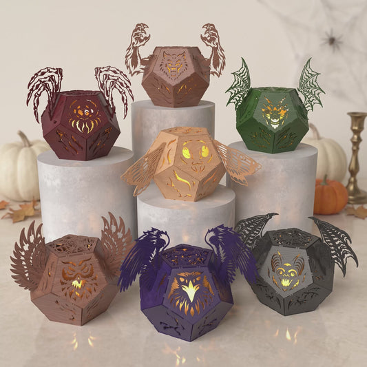3D Geometric Halloween Monsters Lantern Tea Light Holder Cute Bat Dragon Owl Wolf Bundle Laser Cut Vector Design for Glowforge Table Decor