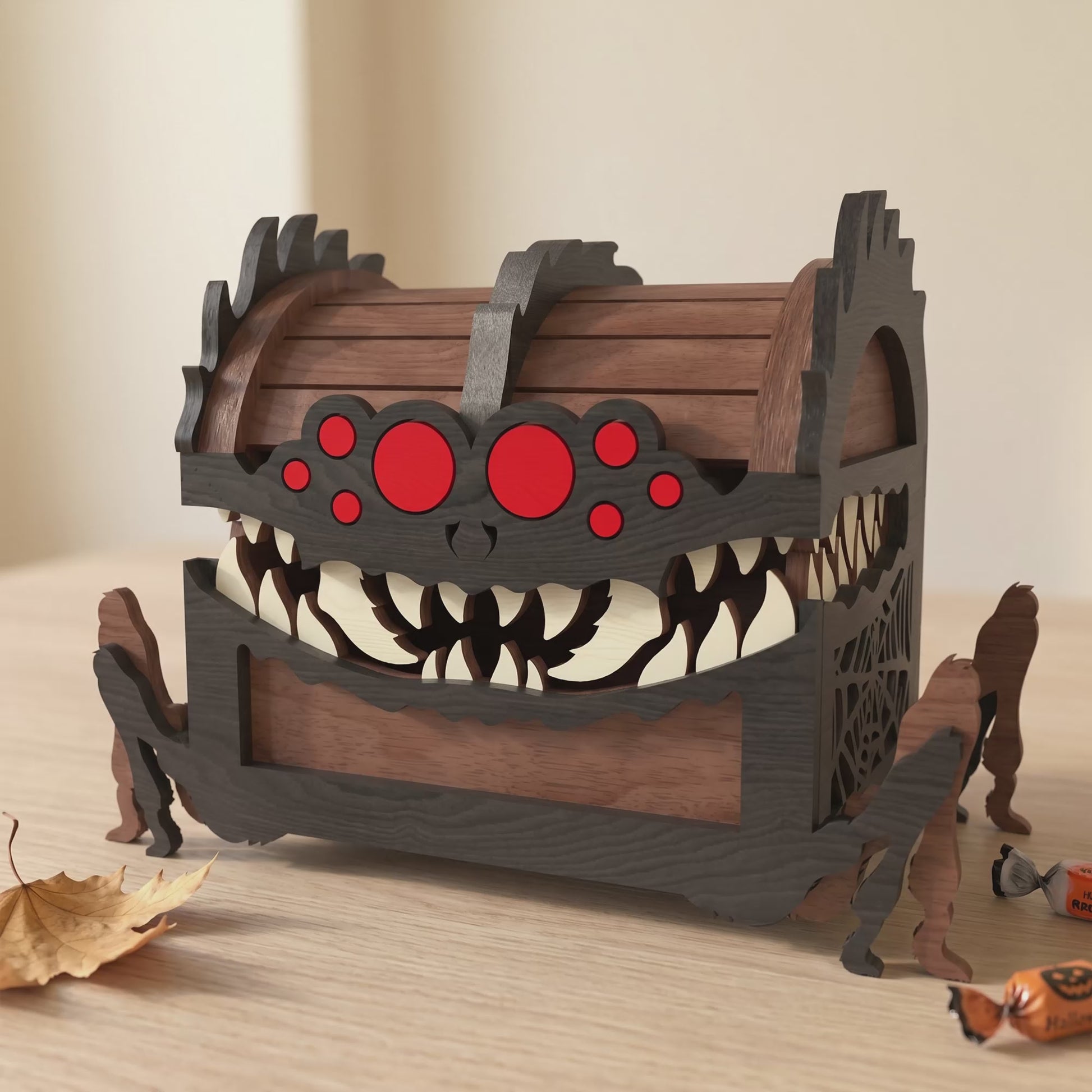 3D Halloween Monster Mimic Dice Chest Box Laser Cut Wooden Candy Holder Design for Glowforge Table Decor