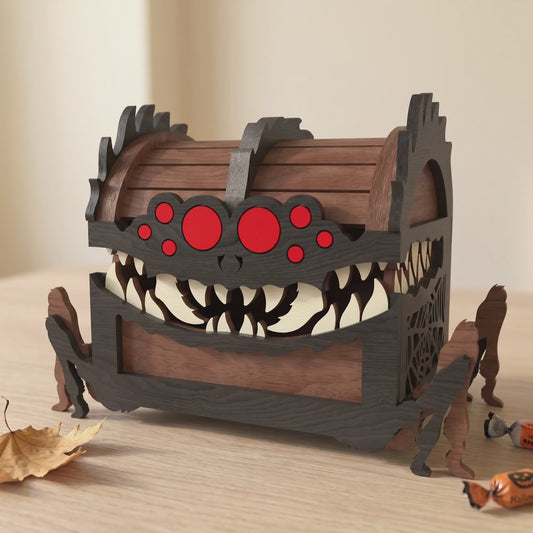 3D Halloween Monster Mimic Dice Chest Box Laser Cut Wooden Candy Holder Design for Glowforge Table Decor