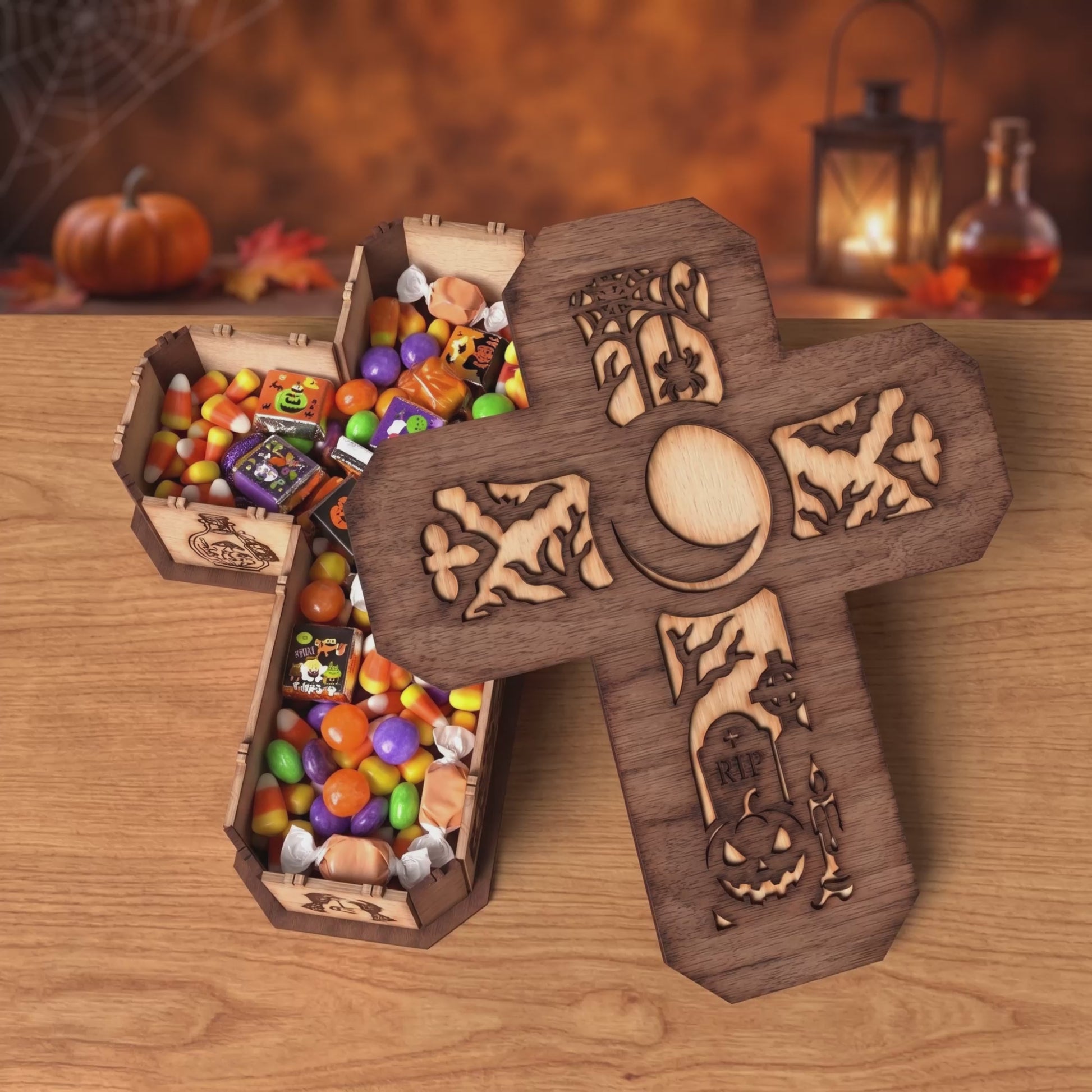 3D Halloween Coffin Cross Candy Box Lantern Spooky Skull Raven Pumpkin Bundle Laser Cut Vector Design for Glowforge Table Decor