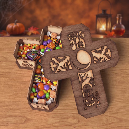 3D Halloween Coffin Cross Candy Box Lantern Spooky Skull Raven Pumpkin Bundle Laser Cut Vector Design for Glowforge Table Decor