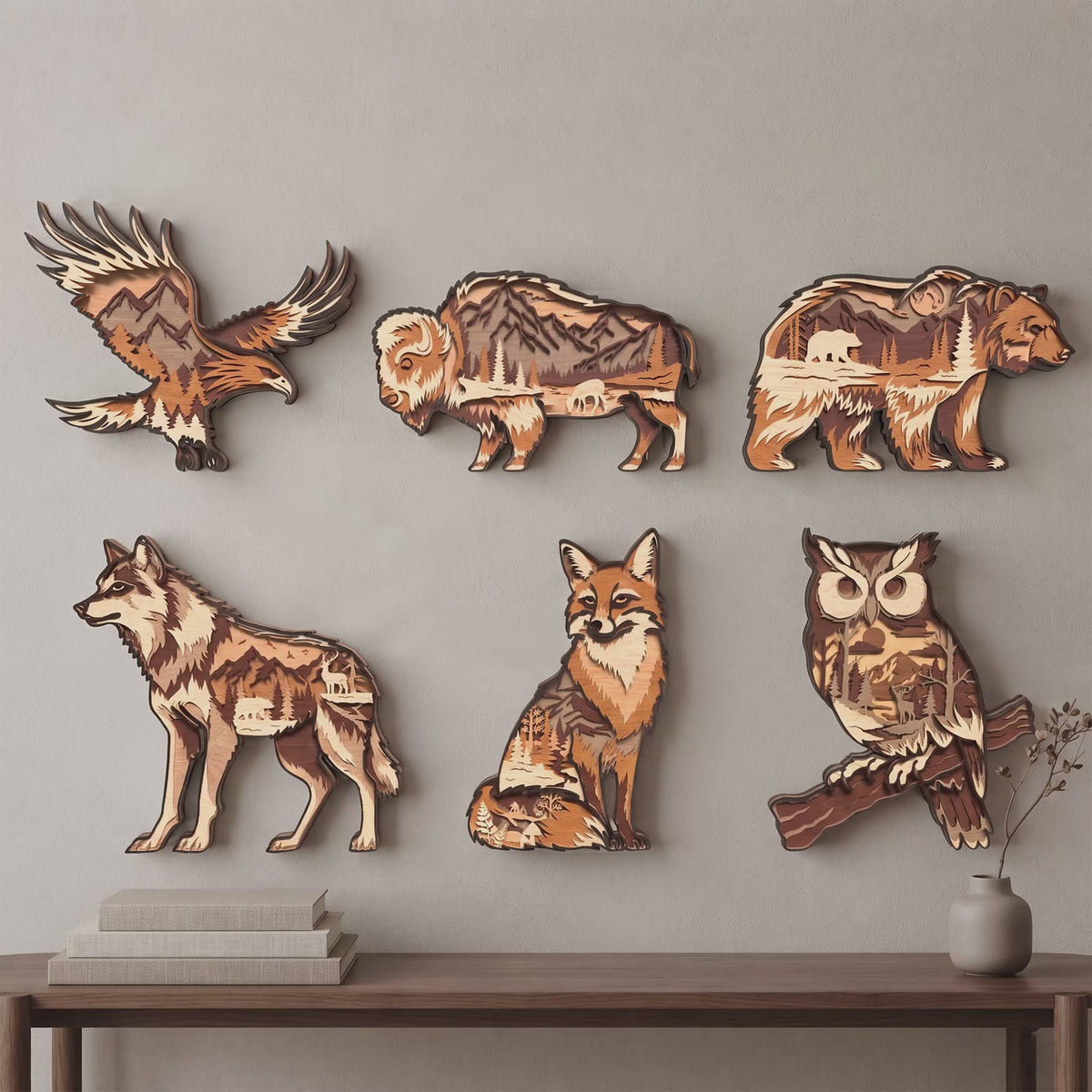 Wildlife Layered Wood Art Laser Cut Bundle, 6 Forest Animal Wall Decor Digital Designs for Rustic Home