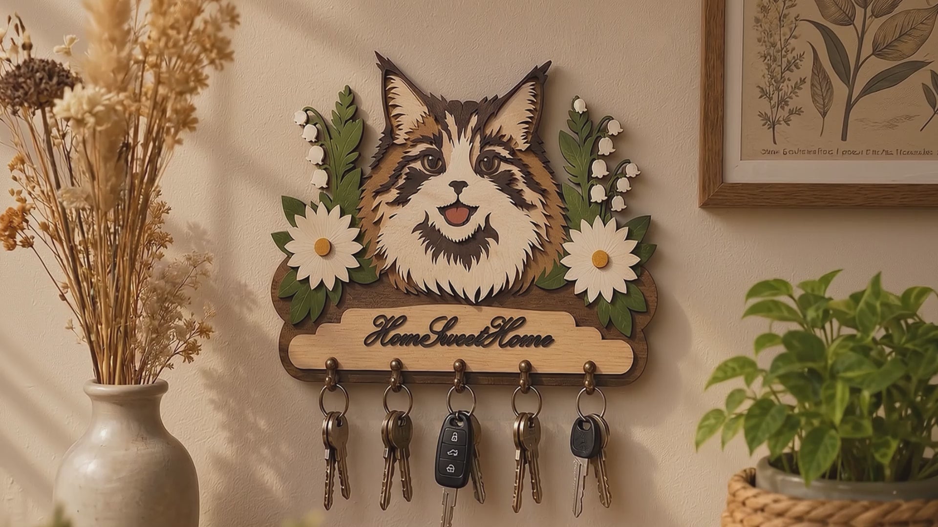 Multilayer Longhair Cat Key Holder Home Sweet Home Sign Floral Universal Vector Design for All Laser Cutters xTool Glowforge CNC